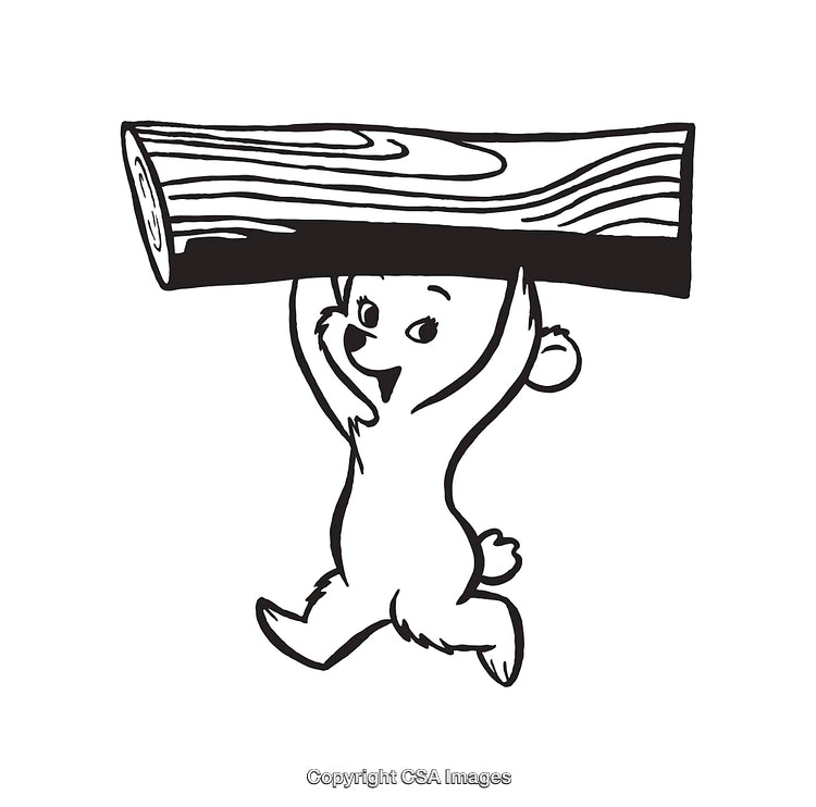 Cute Bear Carrying a Wooden Log in Black and White Line Art