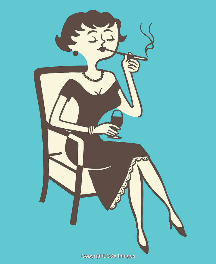 Stylish Woman Smoking and Drinking Wine - Retro Illustration
