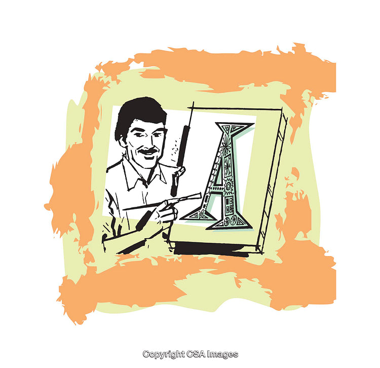 Illustration of a Designer Presenting a Decorative Lettering Art Piece