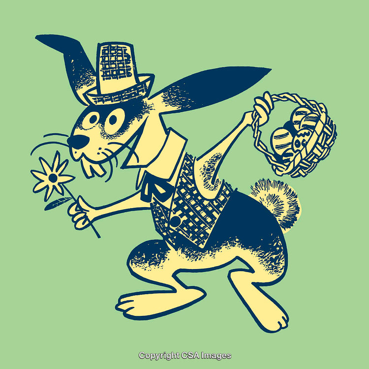 Vintage Illustration of a Dressed Easter Bunny Holding a Basket and Flower