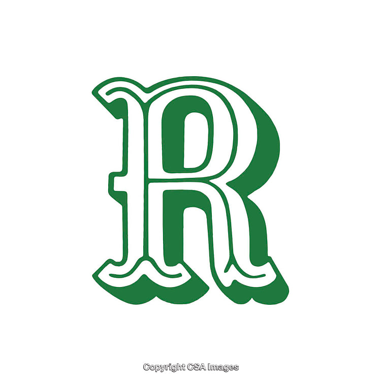 Artistic Green and White Letter R Design with Decorative Elements