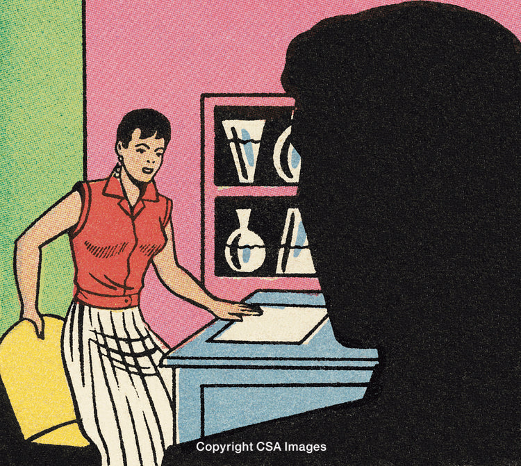 Mid-Century Illustration of a Woman and Silhouette in Vibrant Colors