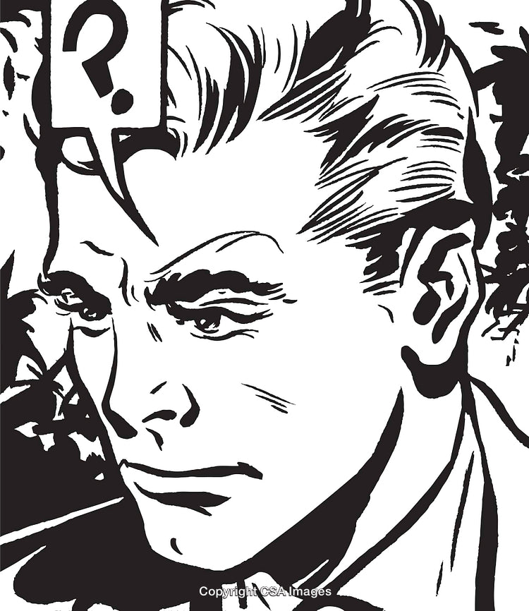 Black and White Comic-Style Drawing of a Man with a Question Mark