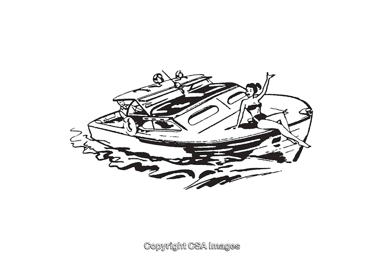 Retro Illustration of a Woman Relaxing on a Boat in the Ocean