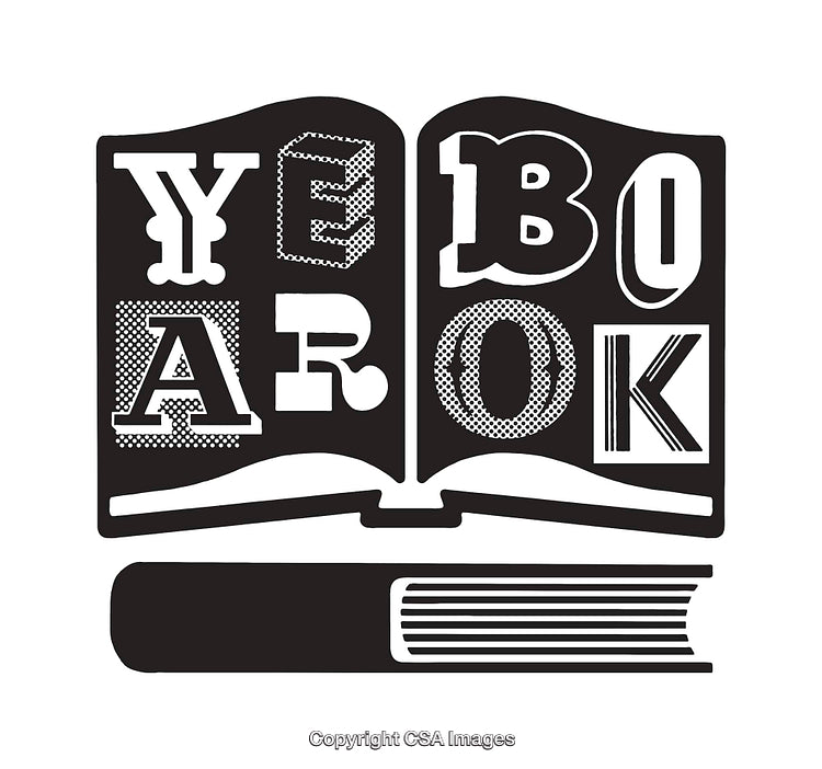 Black and White Illustration of a Yearbook with Stylized Text