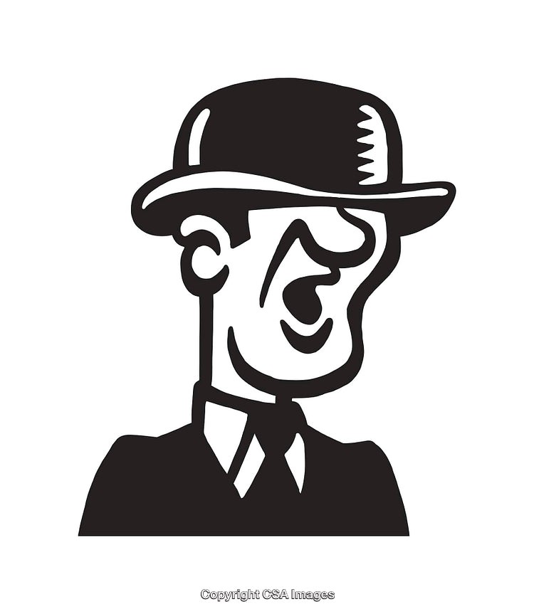 Black and White Line Art of a Smiling Man in Bowler Hat