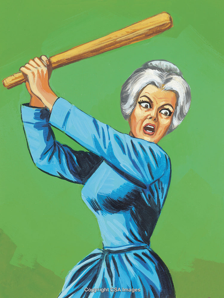 Vintage Illustration of Woman Swinging Baseball Bat with Determined Expression