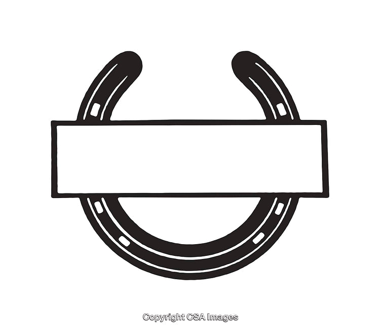 Black and White Horseshoe Illustration with Blank Text Ribbon Banner