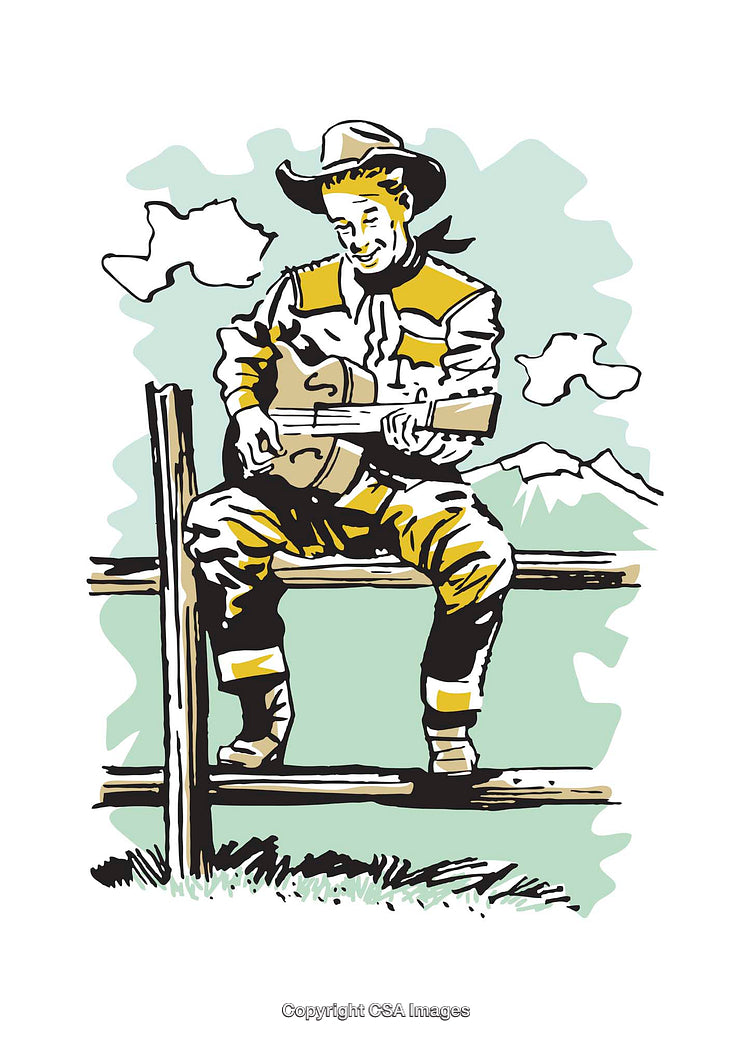 Colorful Illustration of a Cowboy Playing Guitar on a Fence