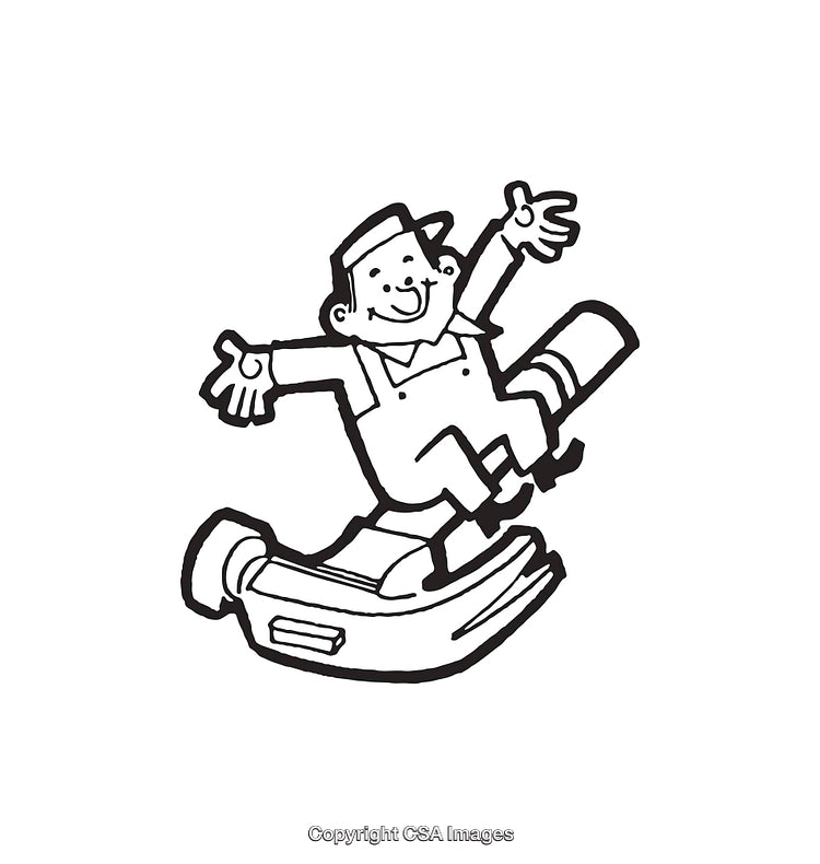 Playful Cartoon Worker Riding a Giant Hammer in Black and White Illustration