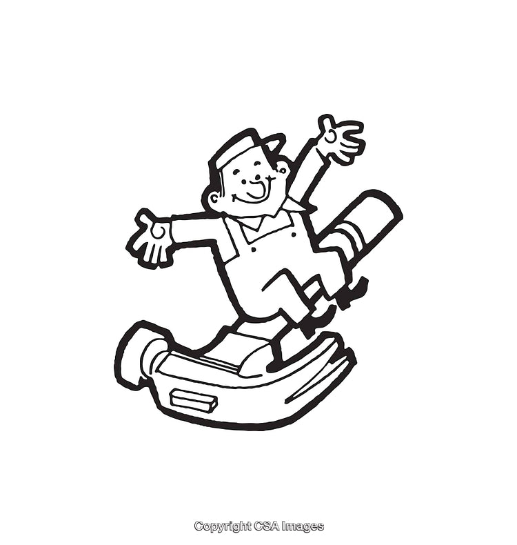 Playful Cartoon Worker Riding a Giant Hammer in Black and White Illustration