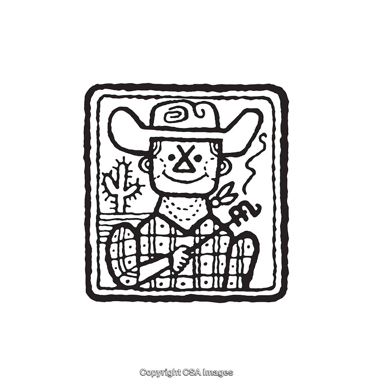Black and White Illustration of a Cowboy with Ranch Scenes