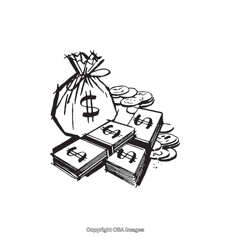 Black And White Illustration of Stacked Cash and a Money Bag
