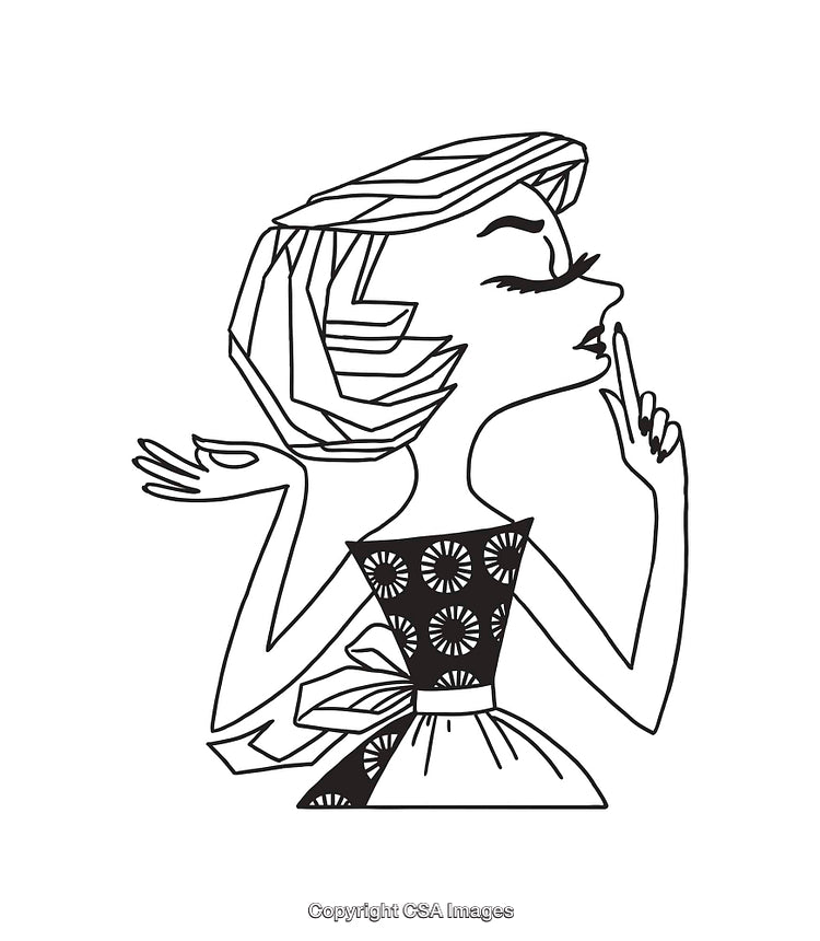 Black and White Stylized Woman in Vintage Dress and Retro Pose Illustration