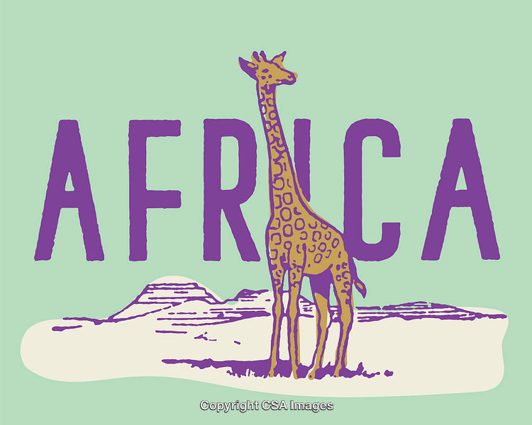 Stylized Illustration of a Giraffe with African Landscape and Text
