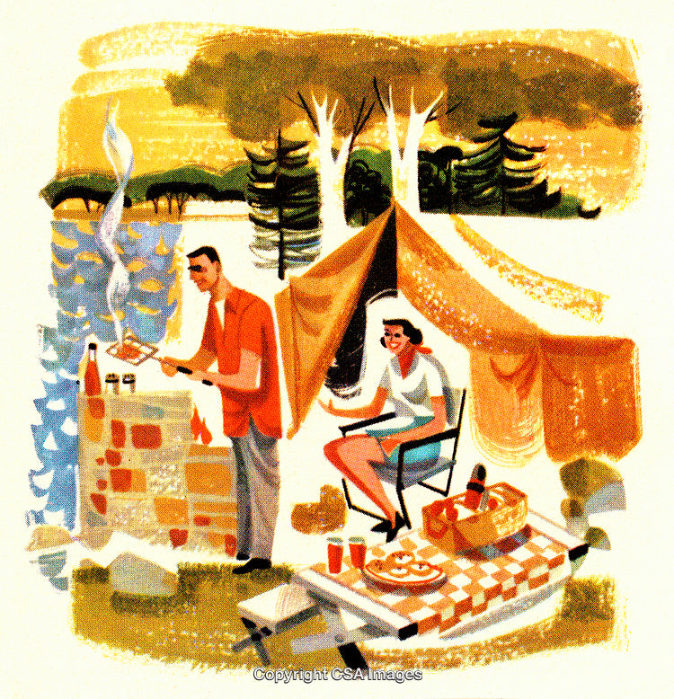 Outdoor Camping Scene with Barbecue, Tent, and Picnic by the Lakeside