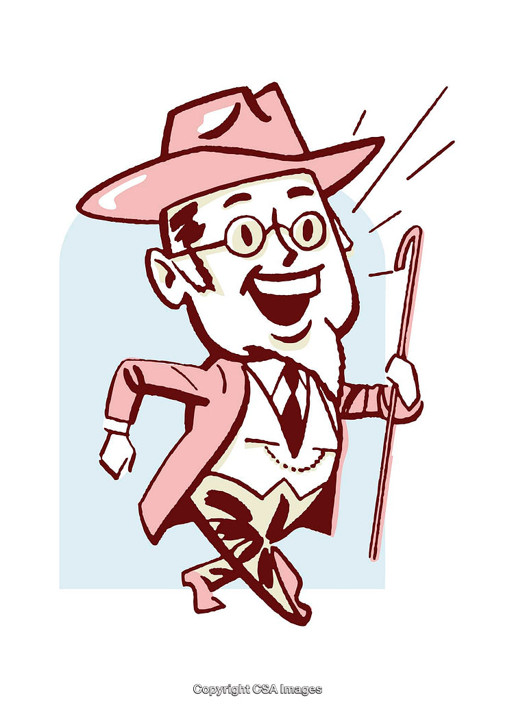 Cheerful Character in Vintage Illustrated Style Holding a Cane
