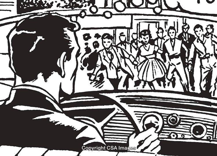 Retro Illustration of Dance Party Viewed From Car Interior in Black Lines