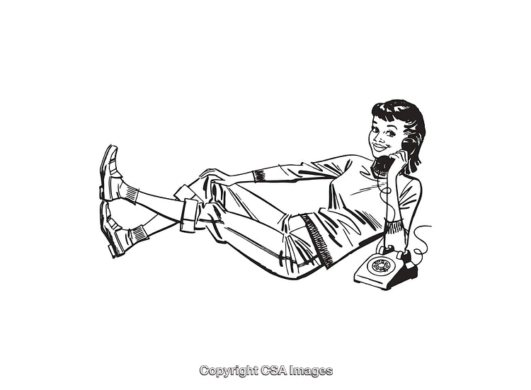 Retro Black and White Line Art of Woman With Telephone