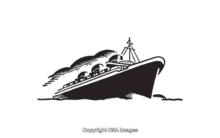 Classic Black and White Line Art Illustration of a Large Ship at Sea