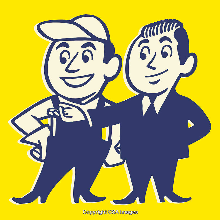 Smiling Characters Illustrating Friendship and Business in Vintage Style Art