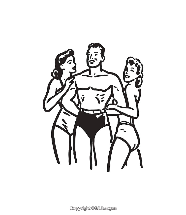 Vintage Line Art of a Fit Man and Two Women Together