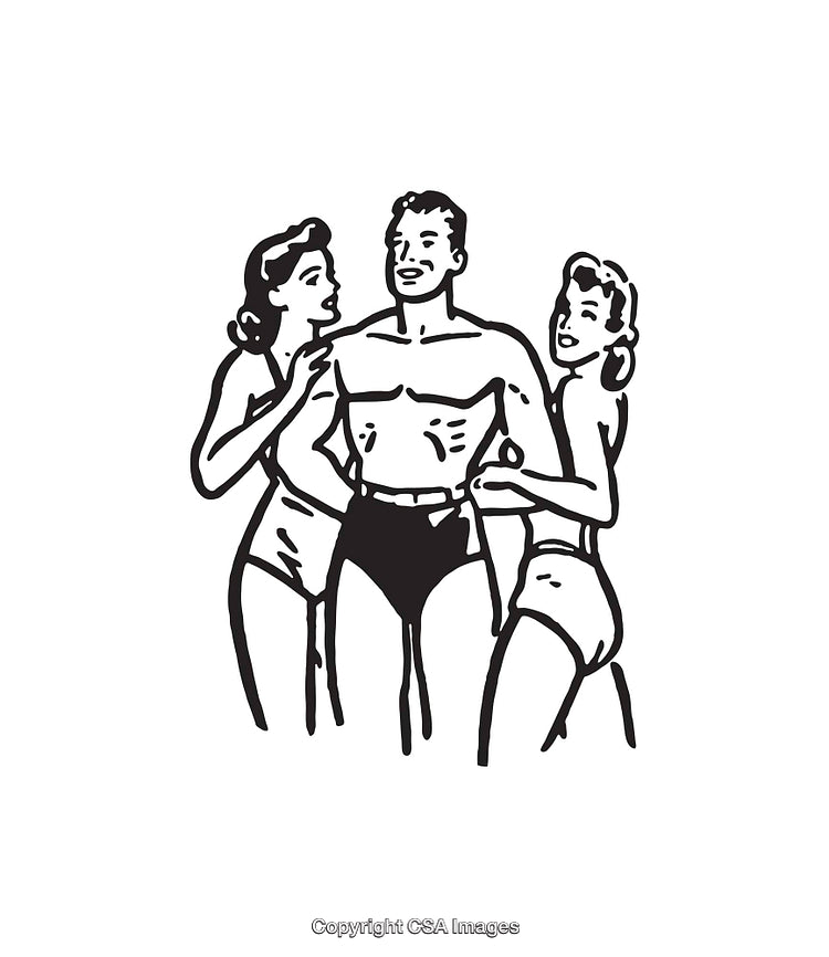 Vintage Line Art of a Fit Man and Two Women Together