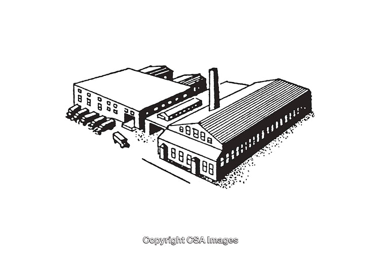 Vintage Black and White Factory Building Line Art Illustration