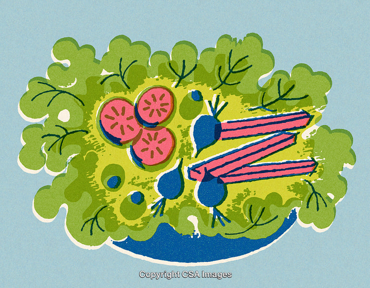 Illustrated Bowl with Fresh Salad and Colorful Vegetables on Light Blue Background