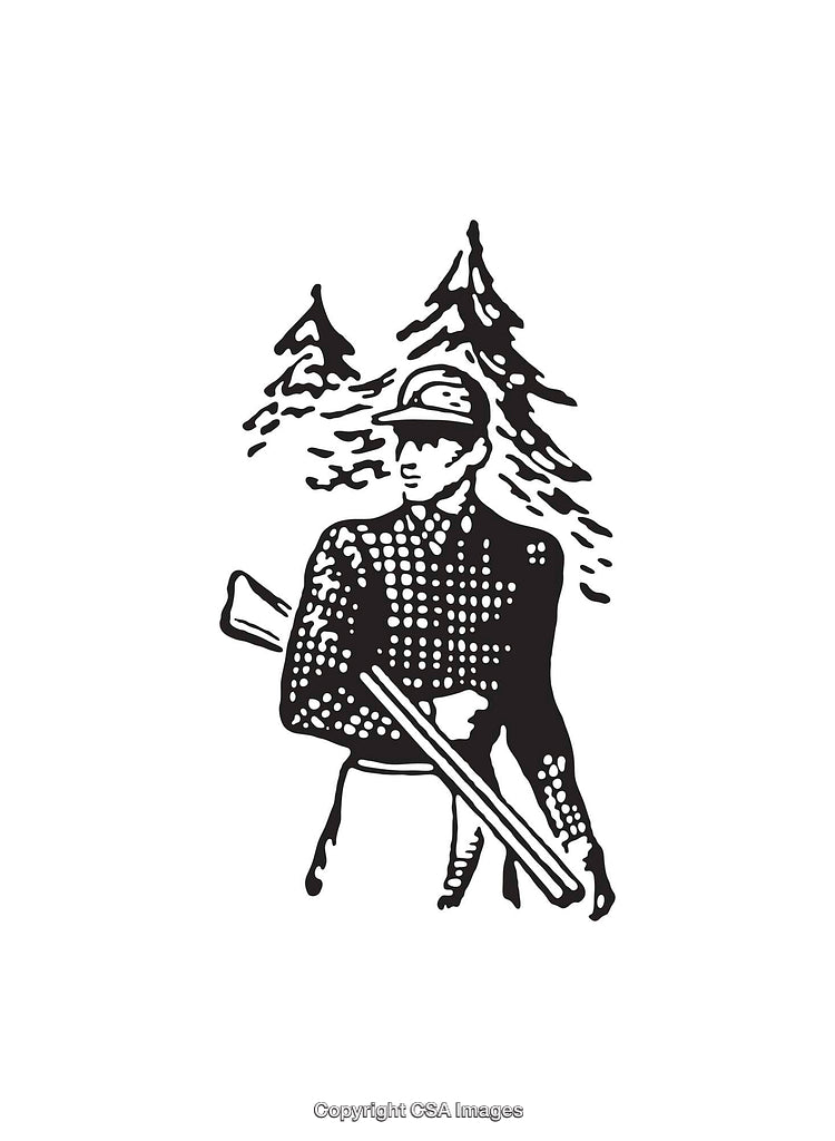 Black and White Woodcutter Illustration With Pine Trees in the Background