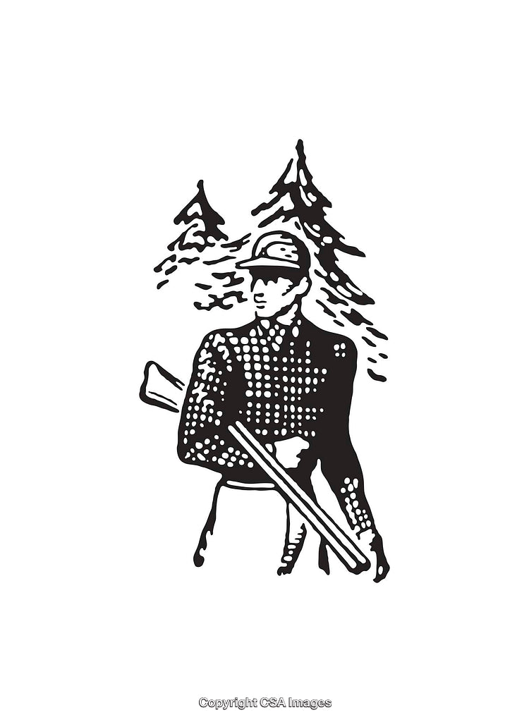 Black and White Woodcutter Illustration With Pine Trees in the Background