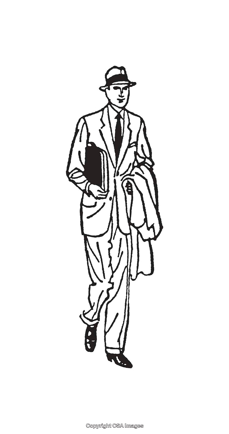 Vintage Line Art Illustration of a Businessman in a Suit and Hat