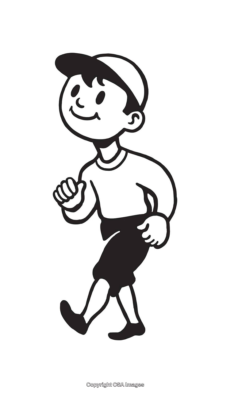 Youthful Boy Walking in Black and White Line Art Style Illustration