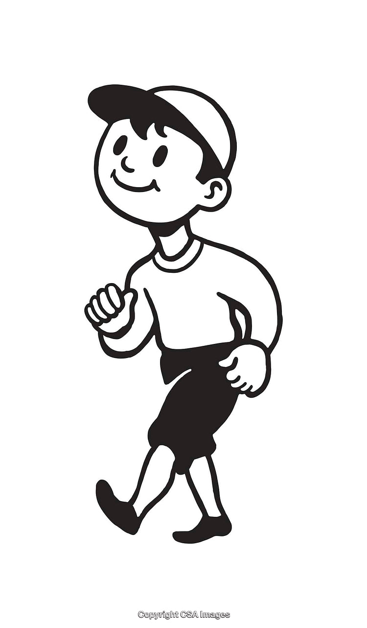 Youthful Boy Walking in Black and White Line Art Style Illustration