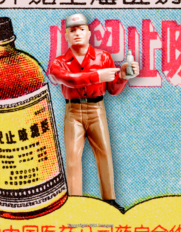 Retro Illustration with Plastic Toy Figure and Vintage Style Packaging Design