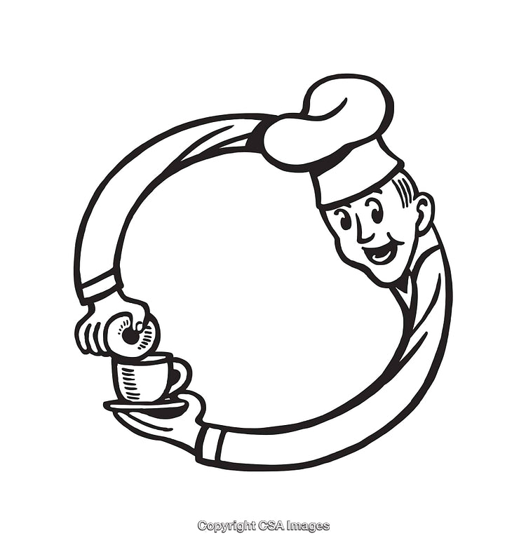 Circular Line Art of a Chef Holding a Coffee Cup With Pastry
