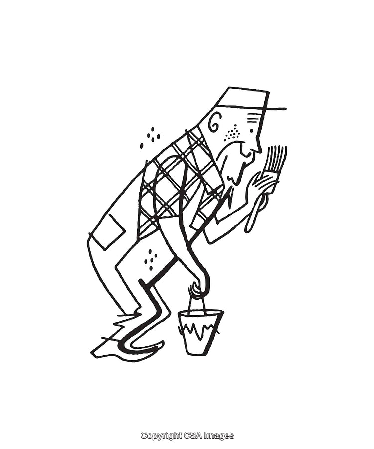 Black and White Line Art of Person with Fork and Bucket