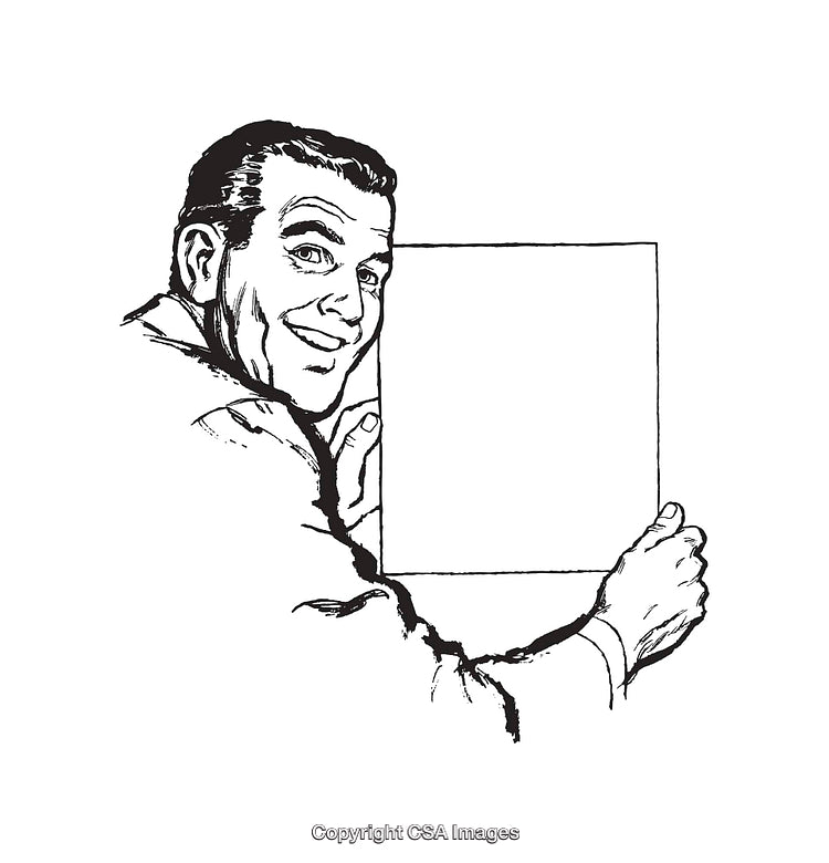 Retro-Style Line Art Illustration of a Smiling Man With a Blank Sign