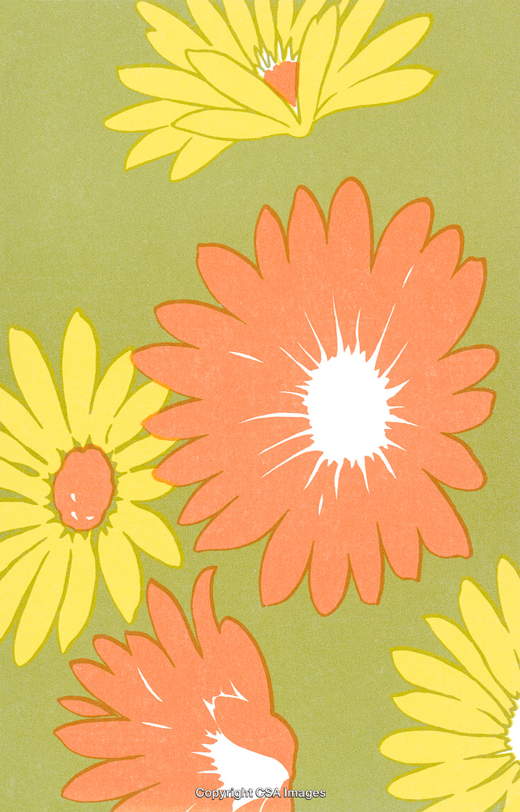 Colorful Illustration of Yellow and Orange Flowers on Green Background