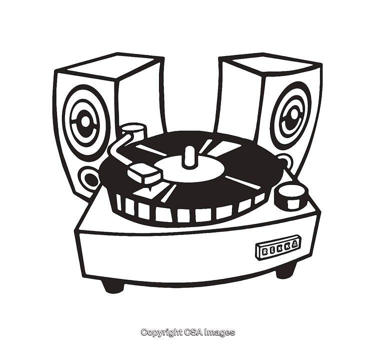 Black And White Line Art of a Record Player with Two Speakers