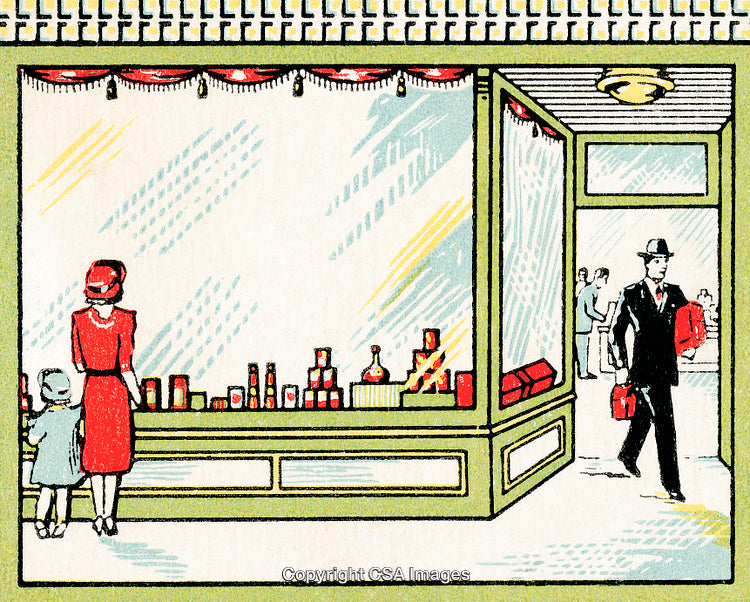 Vintage Illustration of Storefront Scene with Family Shopping