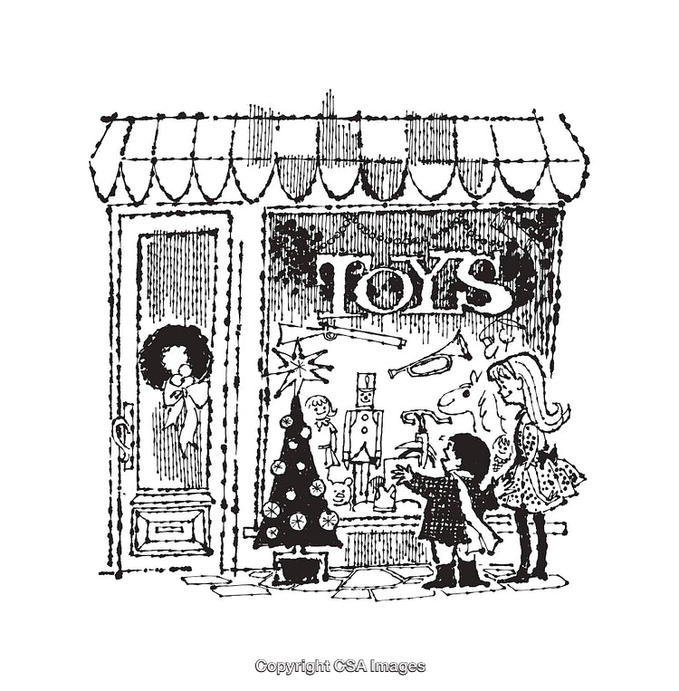 Vintage Illustration of Children Admiring a Toy Shop During Christmas Season