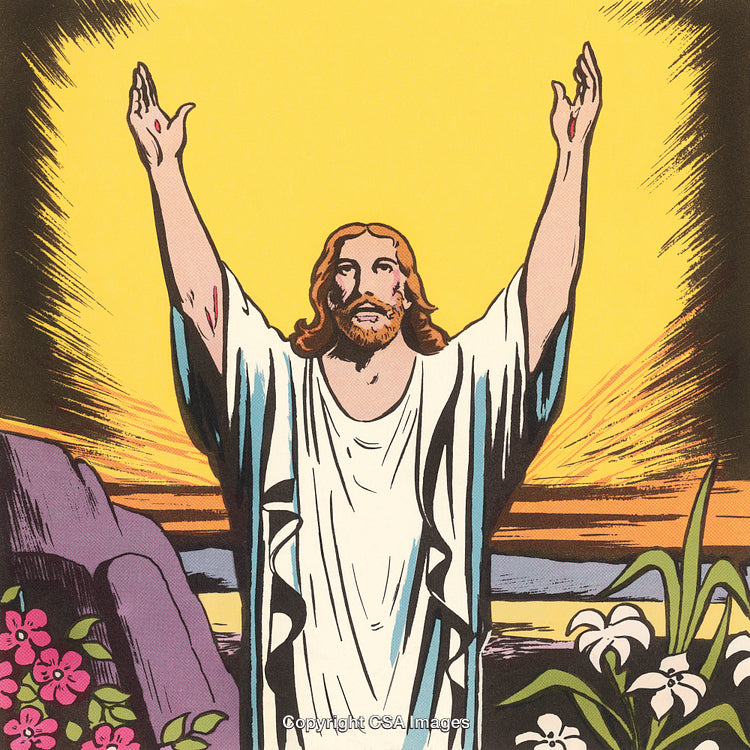 Illustration of a Spiritual Scene with Uplifted Arms and Radiant Background