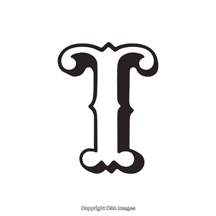 Ornate Vintage Letter T in Black on White Background