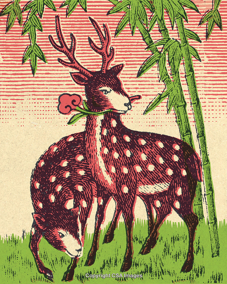 Illustration of Two Deer Under Bamboo with a Red Striped Background