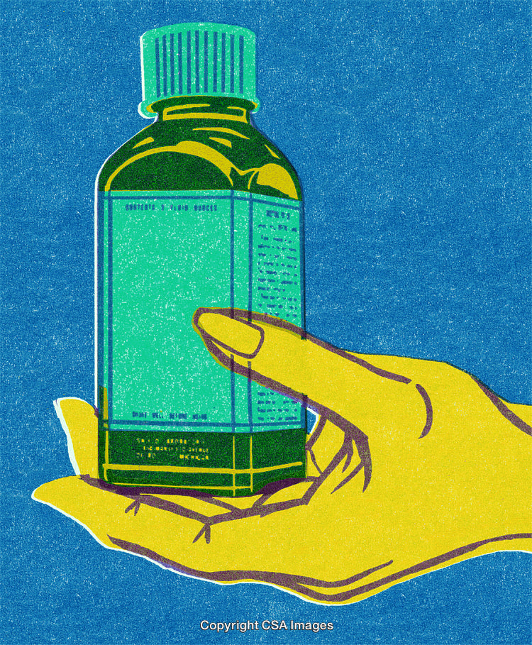 Colorful Illustration of a Hand Holding a Medicine Bottle