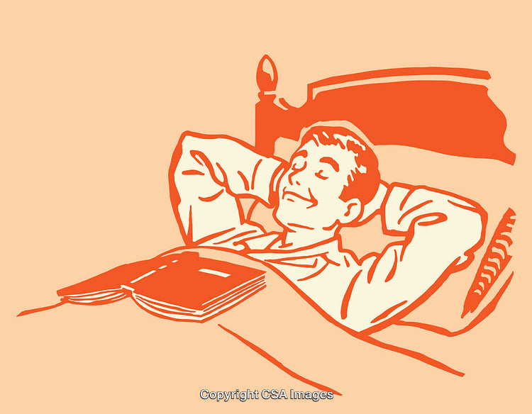 Vintage Illustration of a Man Relaxing in Bed with an Open Book
