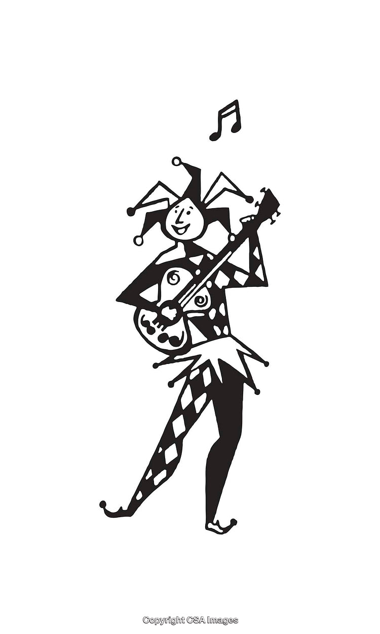 Black And White Jester Playing Guitar Line Art Illustration