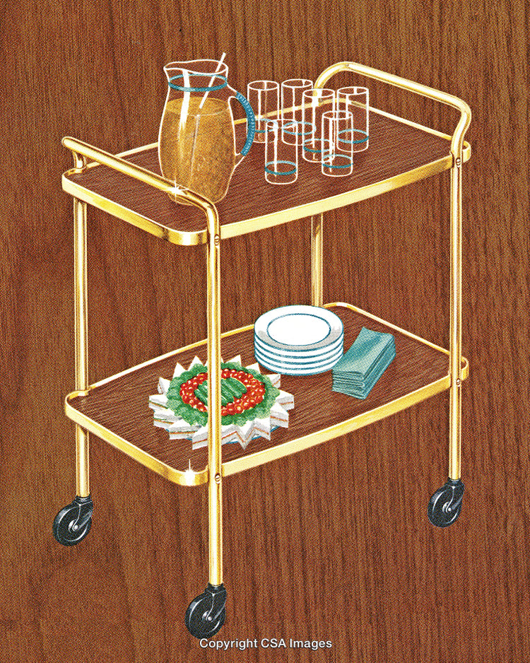Elegant Drink Trolley with Refreshments and Appetizers on Wooden Background