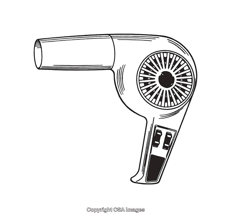 Black and White Line Art Illustration of a Hair Dryer